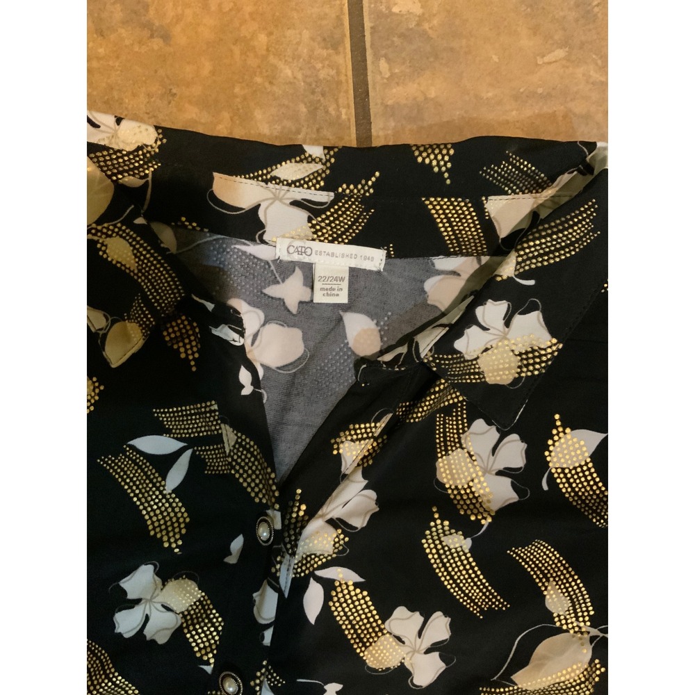 Cato Womens Plus Size 22/24W Black Gold Floral Button Down Blouse Long Sleeve - Picture 3 of 5